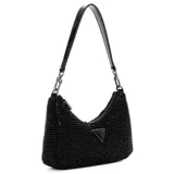Cartera de mano Guess modelo Zalina, color negro con apliques brillantes y logo triangular metálico.