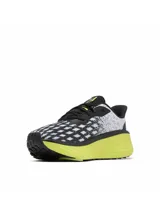 Championes de running Columbia Konos Elevate para hombre, con capellada de tejido blanco y negro con patrón geométrico, detalles en negro y suela de goma color amarillo flúor.