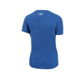 Remera deportiva Under Armour Tech Textured SSC para mujer, color azul con finas rayas horizontales.