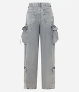 Pantalón baggy gris de jeans con bolsillos cargo laterales y tiritas ajustables.