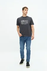 Remera gris de manga corta con cuello redondo y estampado frontal con el logo de la marca Brookfield.