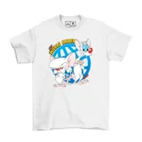 Remera blanca de algodón con estampado de Pinky y Cerebro, personajes de dibujos animados, junto al texto "New World Order".