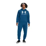 Pantalón de jogging Under Armour Rival Fleece color azul con logo blanco en el muslo izquierdo.