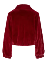 Chaqueta corta roja de piel sintética con cuello clásico, cierre frontal con cremallera y mangas largas abullonadas con puños elásticos.