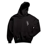 Canguro negro con capucha y bolsillo delantero, con estampado de manos orando en el pecho.