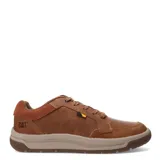 Zapato acordonado de cuero color marrón con detalles en gamuza en el talón. Suela de goma color beige y marrón.