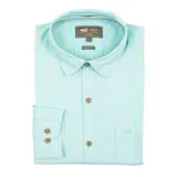 Camisa amarilla de algodón orgánico, manga larga con botones de madera, cuello italiano, calce regular, bolsillo de pecho con logo bordado.