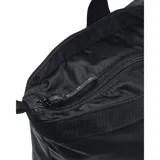 Bolso tote deportivo Under Armour color negro, con asas de hombro y logo de la marca en el frente. Presenta un bolsillo exterior con cierre y malla, y detalles de herrajes en forma de 'D' en los laterales.