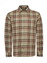 Camisa de franela de algodón orgánico con estampado de cuadros en tonos beige, marrón y rojo. Corte moderno, cuello italiano y manga larga.