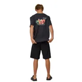 Remera negra de algodón con cuello redondo y manga corta. Presenta un pequeño estampado frontal con motivos florales y texto en tonos verde lima y rojo neón.