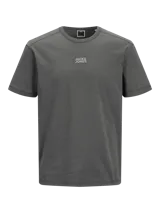 Camiseta gris de manga corta y cuello redondo con logo de la marca estampado en el pecho.