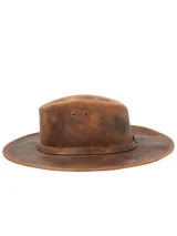 Sombrero de cuero marrón con ala ancha y banda interior absorbente.