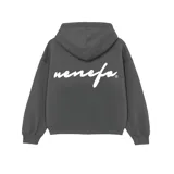 Hoodie gris oscuro de felpa, corte oversize, con capucha y puños acanalados. Estampado en la espalda con la palabra 'nenefa' en cursiva color blanco.