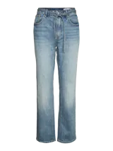 Pantalón de jean celeste de corte recto, tiro alto y lazo ajustable en la cintura.