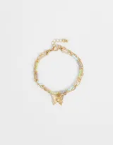 Pulsera dorada de doble cadena, una de eslabones y otra con mostacillas de colores pastel, con dije de mariposa con strass.