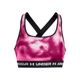 Top deportivo Under Armour con estampado abstracto en tonos verde militar y negro, breteles finos blancos y banda elástica con logo de la marca.