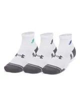 Pack de tres pares de medias Under Armour unisex, de corte tobillero, color blanco con detalles en gris y logo de la marca bordado en diferentes colores.