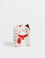 Broche para el pelo tipo pinza, de acrílico transparente con diseño de gato de la suerte en blanco y detalles en rojo y negro.