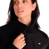 Campera polar de mujer Caterpillar, color negro con detalles en lila. Cuenta con cierre frontal, bolsillo en el pecho con cierre y bolsillos laterales.