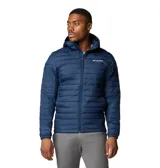 Campera Columbia con capucha, color verde oliva en la parte superior y gris claro en la parte inferior. Cuenta con cierre frontal, bolsillos laterales con cierre y logo de la marca en el pecho.
