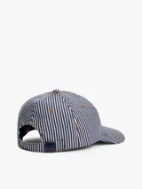 Gorra de béisbol con diseño de rayas verticales en azul y blanco, con logo de Tommy Jeans bordado en el frente.