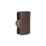 Tarjetero marrón de cuero sintético con doble compartimento, protección RFID y espacio para billetes.