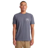 Remera gris de manga corta con estampado en el pecho de un círculo con rayos y texto en japonés.