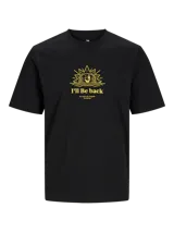 Camiseta negra de manga corta con cuello redondo y estampado amarillo con la frase "I'll Be Back" y un sol con cara.