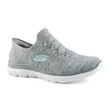 Championes deportivos Skechers Slip-Ins Summits Dazzling Haze, color gris jaspeado con detalles en celeste y violeta. Diseño sin cordones con ajuste elástico, plantilla Air-Cooled Memory Foam y tecnología Heel Pillow.