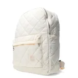 Mochila de diseño acolchado en color verde militar, con un bolsillo frontal y un compartimento principal con cierre.