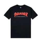 Remera negra de manga corta con estampado frontal del logo de Thrasher con la imagen de Godzilla.
