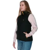 Chaleco negro acolchado para mujer, con logo de Cat en el pecho, bolsillos inferiores con cierre, diseño reflectante en la espalda, cordones ajustables en el dobladillo y bolsillos interiores de malla.