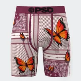Calzoncillos tipo bóxer de poliéster y elastano con estampado de cachemira, alambre de púas y mariposas monarca. Cintura elástica color borgoña con logo de la marca.