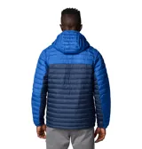 Campera Columbia con capucha, color verde oliva en la parte superior y gris claro en la parte inferior. Cuenta con cierre frontal, bolsillos laterales con cierre y logo de la marca en el pecho.