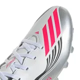 Championes de fútbol Adidas F50 Messi Club FG, diseño unisex en blanco con detalles en rojo, negro y plateado.