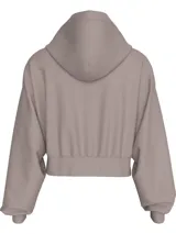 Buzo cropped con capucha y cremallera frontal, color gris topo, con logo CK bordado en el pecho.