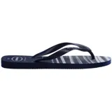 Ojotas Havaianas Top Basic con plantilla a rayas en tonos azul y blanco, y tiras azul marino con logo de la marca.