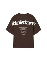 Remera negra de algodón con estampado blanco en la espalda con el logo de la marca y la frase "European Tour by Ittai Stars Company".