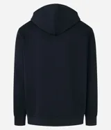 Buzo deportivo negro con capucha y cordón ajustable, cierre de cremallera, manga larga con puños ajustados, bolsillos con cierre y detalle contrastante de tres líneas en las mangas.