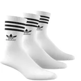 Pack de tres pares de medias blancas Adidas con tres rayas negras en el puño y logo de la marca en el tobillo.