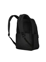 Mochila negra de tela con diseño liso, asa superior y múltiples compartimentos con cierres. Presenta un pequeño logo rectangular de la marca Terrano en la parte inferior frontal.