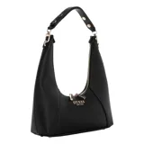 Bolso de hombro Guess color negro, confeccionado en ecocuero con acabado texturizado. Tiene cierre superior con cremallera, correa fija y herrajes dorados.