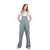 Enterito largo de jean celeste a rayas verticales, con tirantes ajustables, bolsillos laterales y frontales.