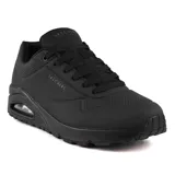 Championes Skechers Street Uno color negro, con cordones, capellada de cuero sintético liso y perforado, plantilla Skechers Air Cooled Memory Foam y media suela con cámara de aire visible Skech-Air.