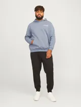 Hoodie azul grisáceo con capucha y bolsillo canguro. Estampa pequeña con el texto "GUNLTD.CORE" en el pecho.