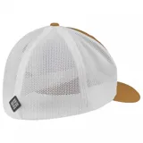 Gorra de béisbol Columbia color beige con paneles traseros de malla azul marino y logo de la marca bordado en el frente.