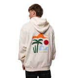 Canguro color beige con capucha, cordones ajustables, bolsillo tipo canguro y logo estampado en el pecho.