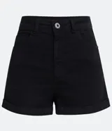 Short de sarga negro con cintura alta, bolsillos delanteros y traseros.
