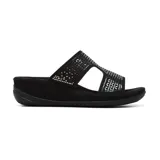Sandalias negras con plataforma, tiras con diseño calado y apliques brillantes.