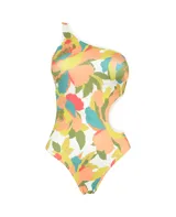 Traje de baño entero con estampado floral multicolor, un solo hombro y abertura lateral.